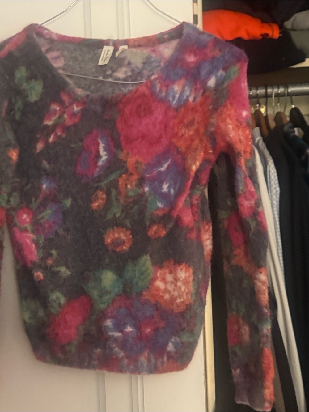 Anthropologie Gray Fuzzy Floral V-Neck Sweater with Pink, Red, Purple